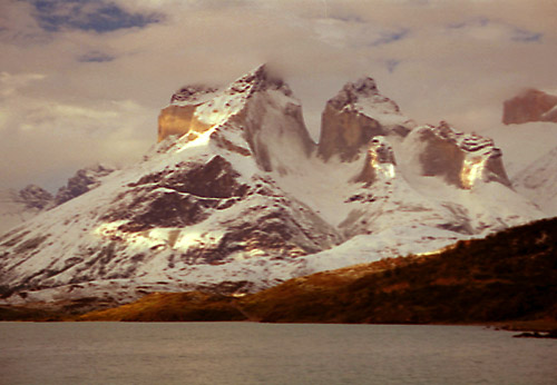 The sun setting on the Cuernos del Paine